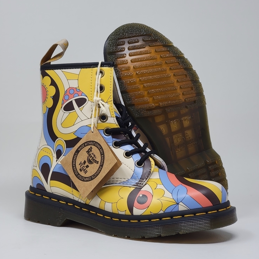 Dr. Martens Floral & Mushroom Vegan Leather Lace-Up Boots - Yellow Multi